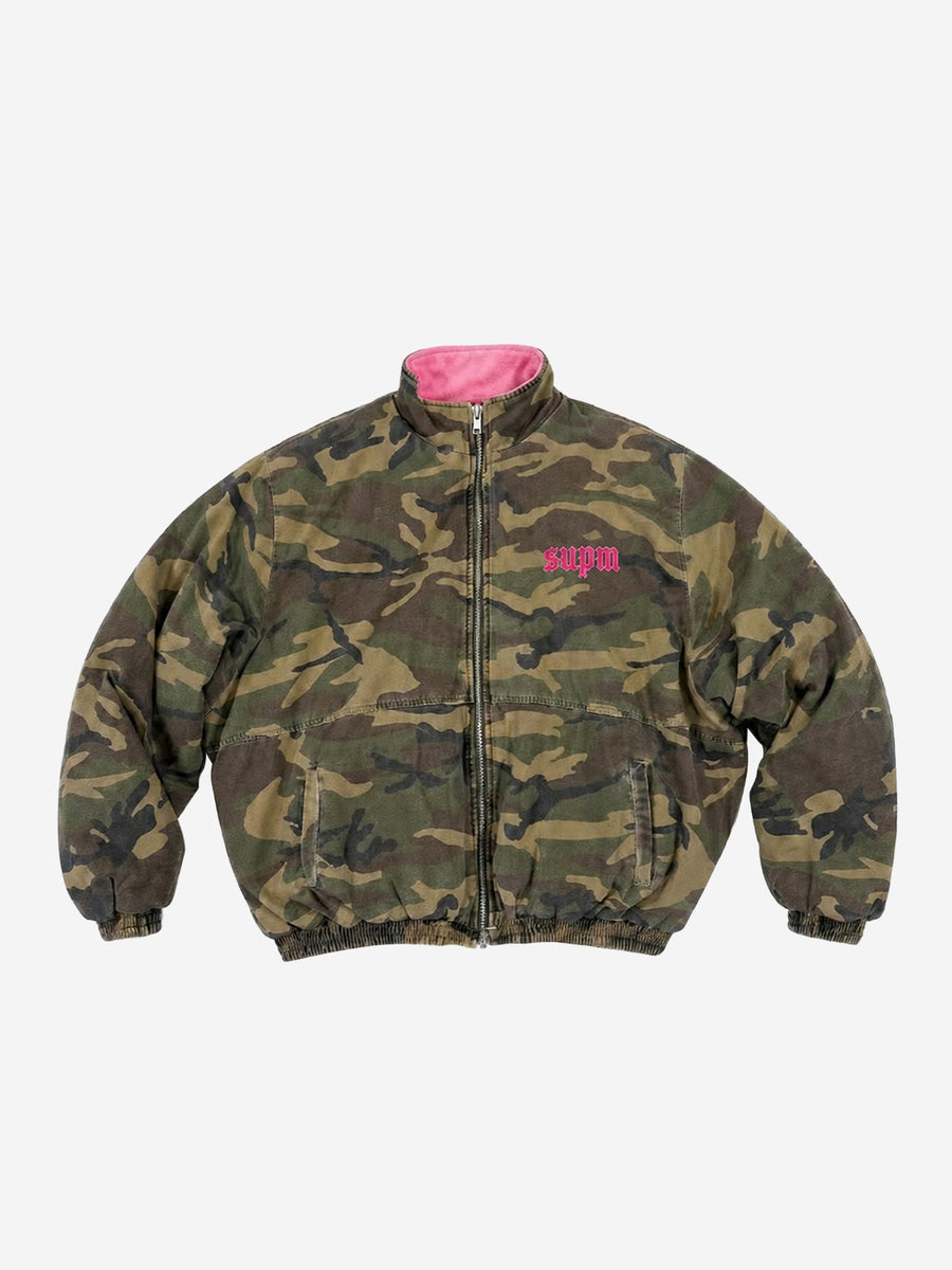 Pink Camo Embroidered Reversible Fleece Stand-Collar Jacket