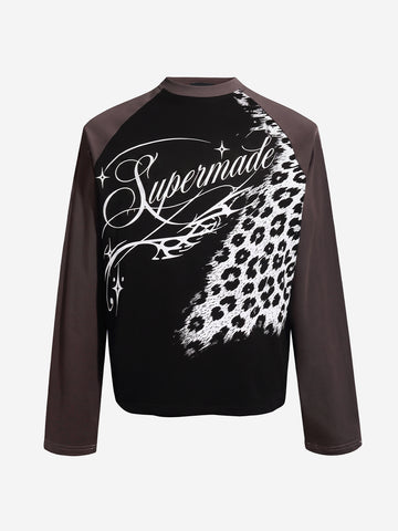 Leopard Patchwork Letter Graphic Long Sleeve Tee