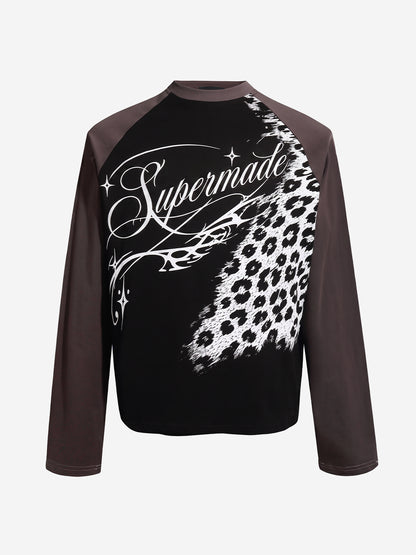 Leopard Patchwork Letter Graphic Long Sleeve Tee