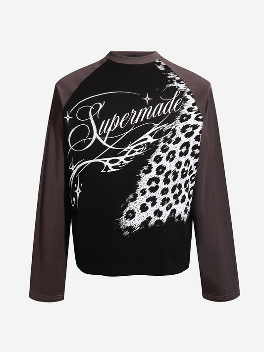 Leopard Patchwork Letter Graphic Long Sleeve Tee