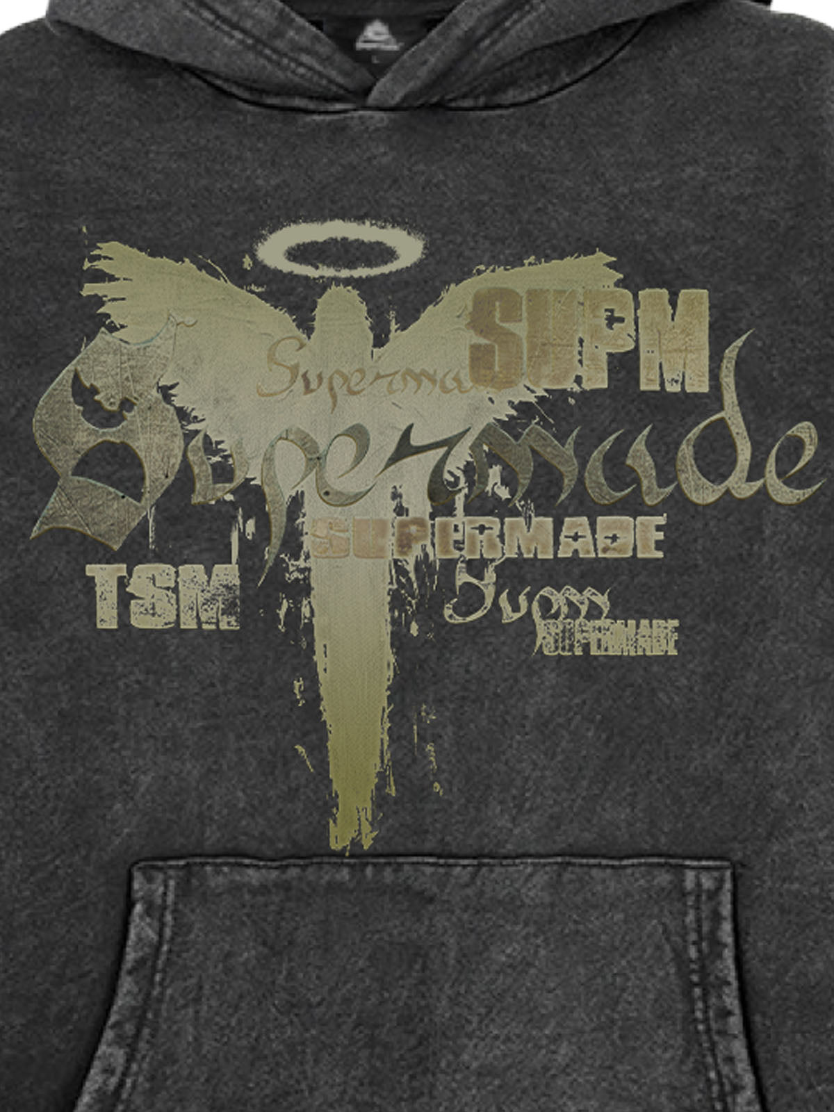 THE SUPERMADE A distressed trend print pattern hoodie that combines angel wings and gothic font elements 