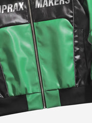Asymmetric Racing Graphic Color Block Faux Leather Jacket