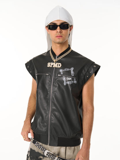Thorn Destruction Frame Pattern Leather Vest 