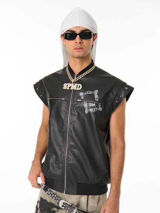 Thorn Destruction Frame Pattern Leather Vest 