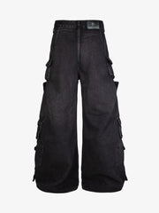Washed Multi-Pocket Curved-Seam Cargo Jeans