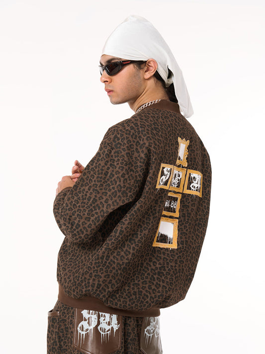 Cross Frame Leopard Print Baseball Jacket 