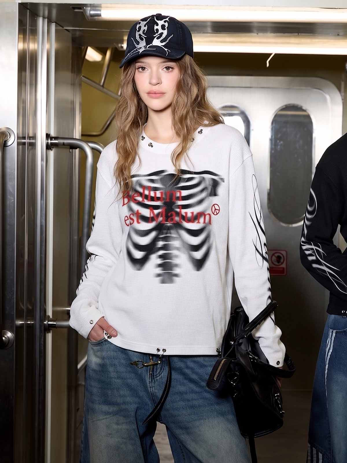 Skeleton Graphic Tongue-Stud Long Sleeve Tee