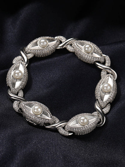 Sandblasted Pearl Eye Hotfix Rhinestone Copper Bracelet 