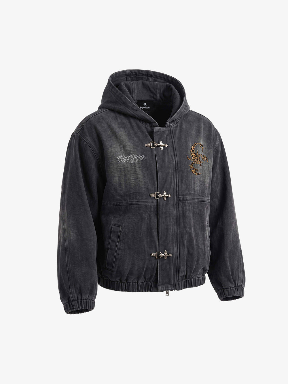 Scorpion Appliqué Leopard Distressed Hooded Denim Jacket