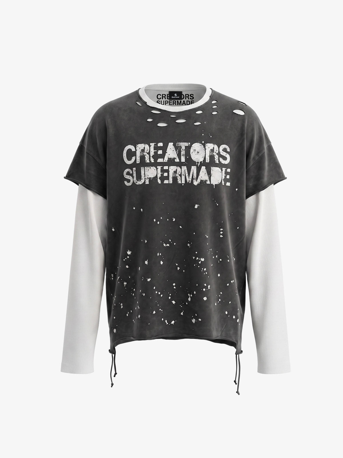 Camiseta de manga larga con efecto desgastado, imitación de dos piezas.