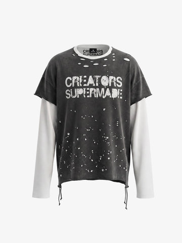 Camiseta de manga larga con efecto desgastado, imitación de dos piezas.