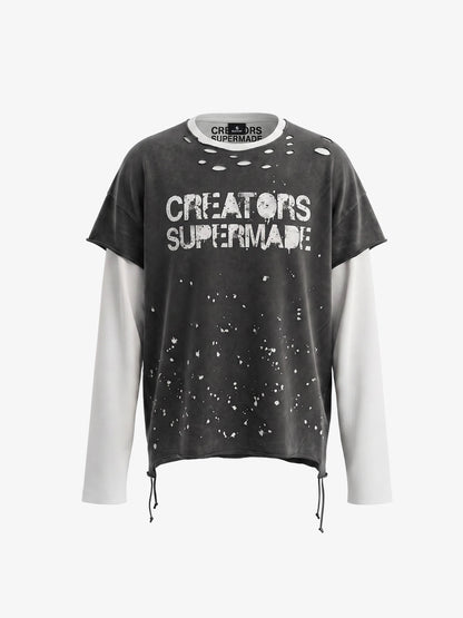 Camiseta de manga larga con efecto desgastado, imitación de dos piezas.