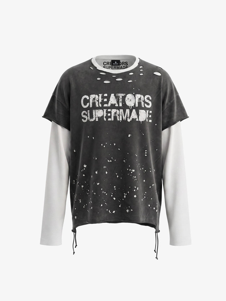 Faux Two-Piece Distressed Long Sleeve Tee