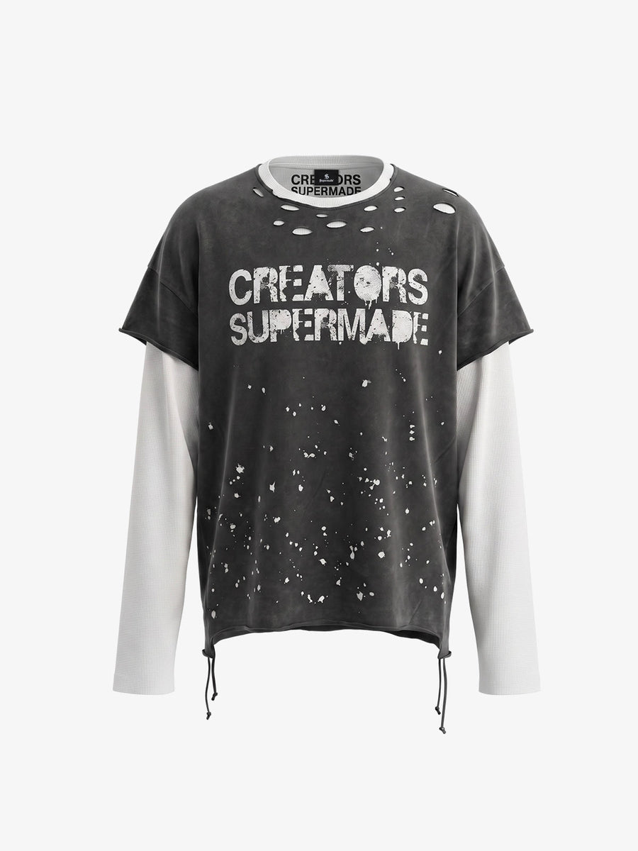 Faux Two-Piece Distressed Long Sleeve Tee; Black / S, Black / M, Black / L, Black / XL, Black / 2XL
