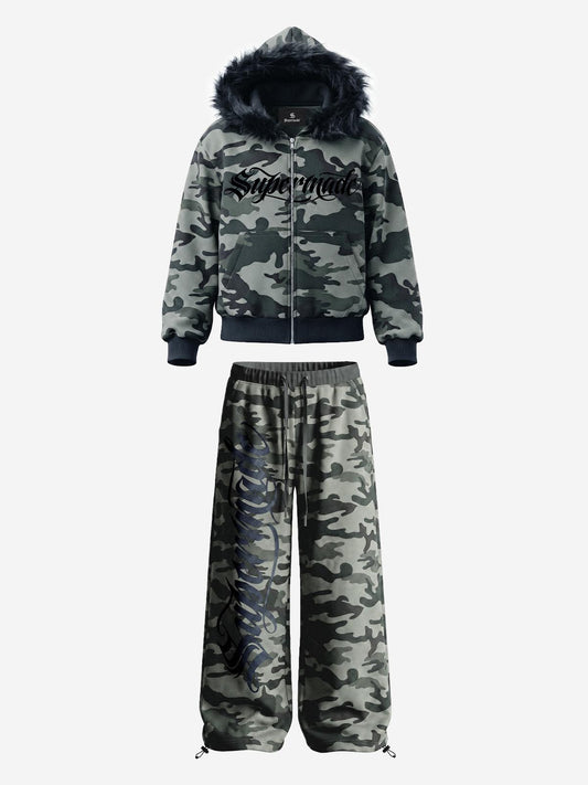 Fur Hood Cardigan Camouflage Set