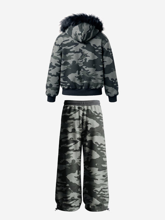 Fur Hood Cardigan Camouflage Set