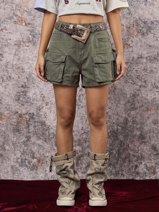 Embroidered Detail Olive Cargo Shorts