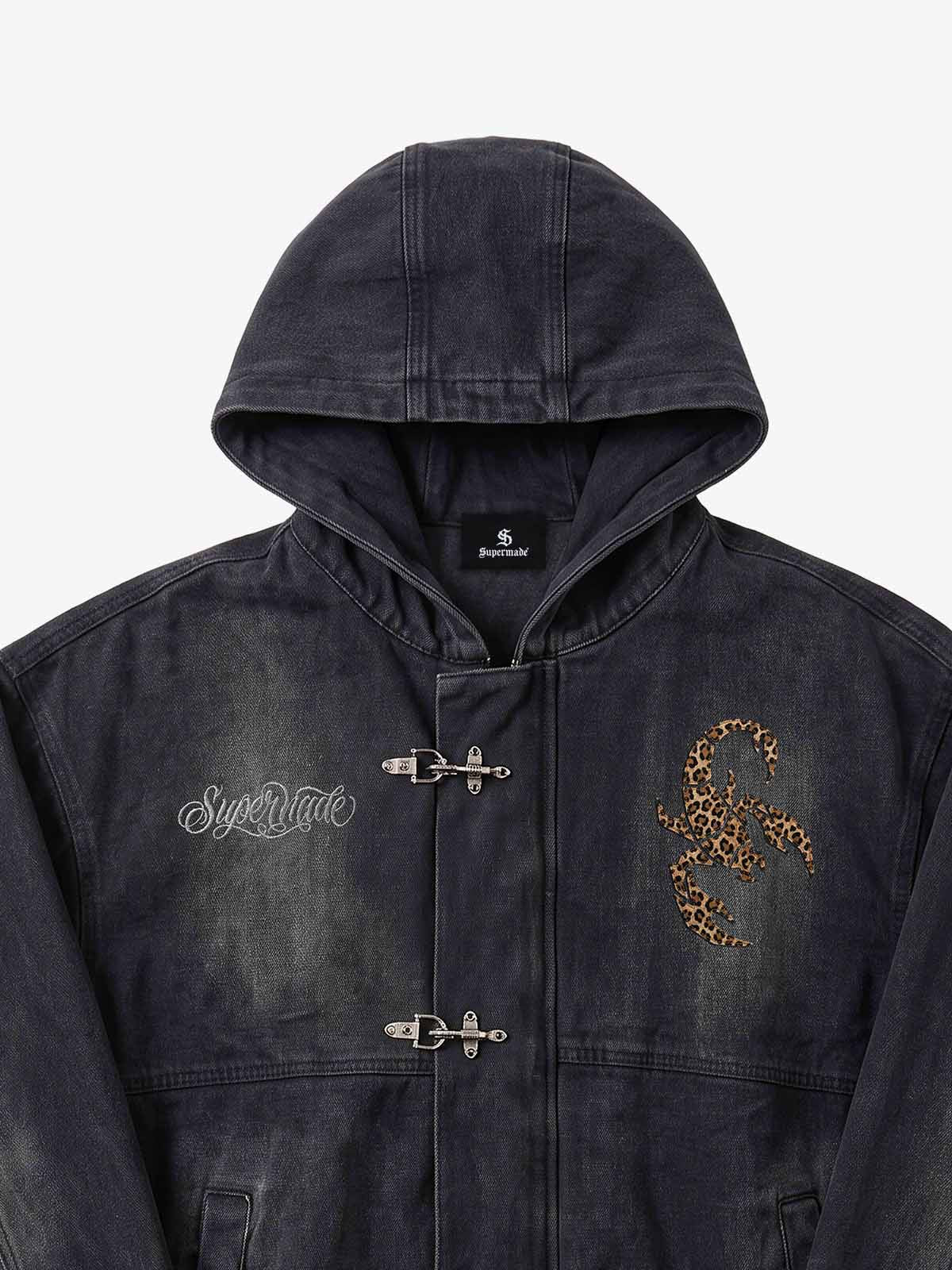 Scorpion Appliqué Leopard Distressed Hooded Denim Jacket