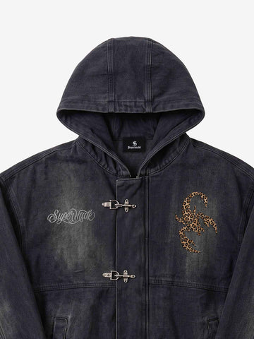 Scorpion Appliqué Leopard Distressed Hooded Denim Jacket