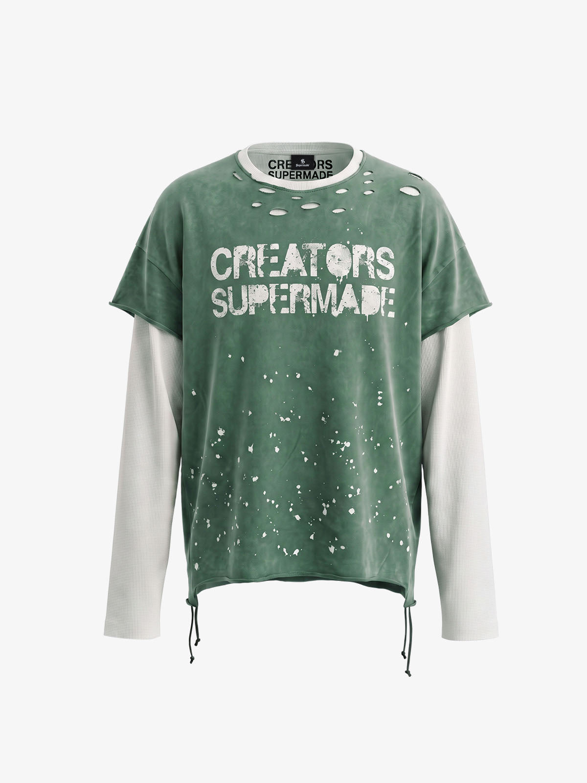 Camiseta de manga larga con efecto desgastado, imitación de dos piezas.