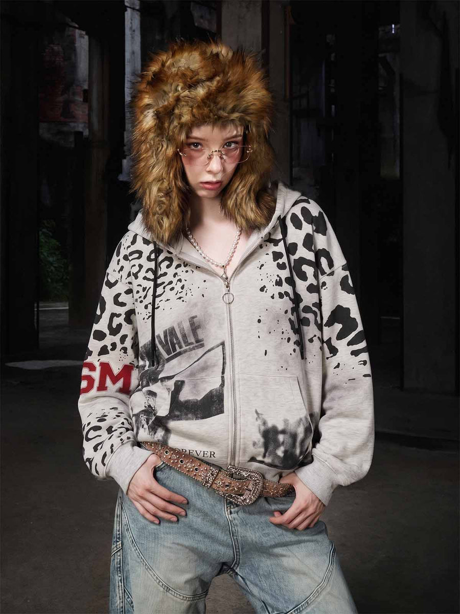 Leopard Logo Appliqué Distressed Hoodie