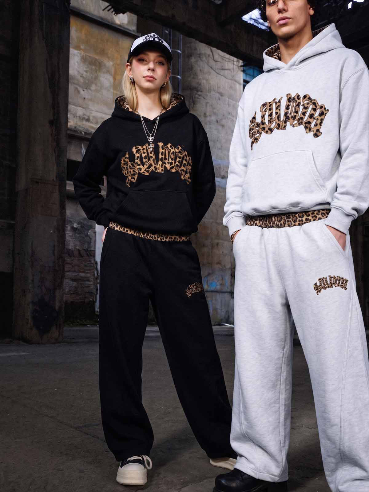 Leoparden-Patchwork-Hoodie & Hosen-Set