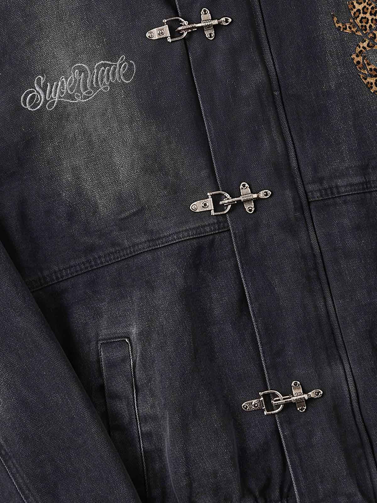 Scorpion Appliqué Leopard Distressed Hooded Denim Jacket