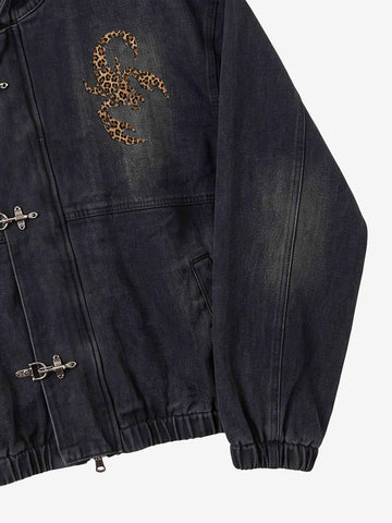Scorpion Appliqué Leopard Distressed Hooded Denim Jacket