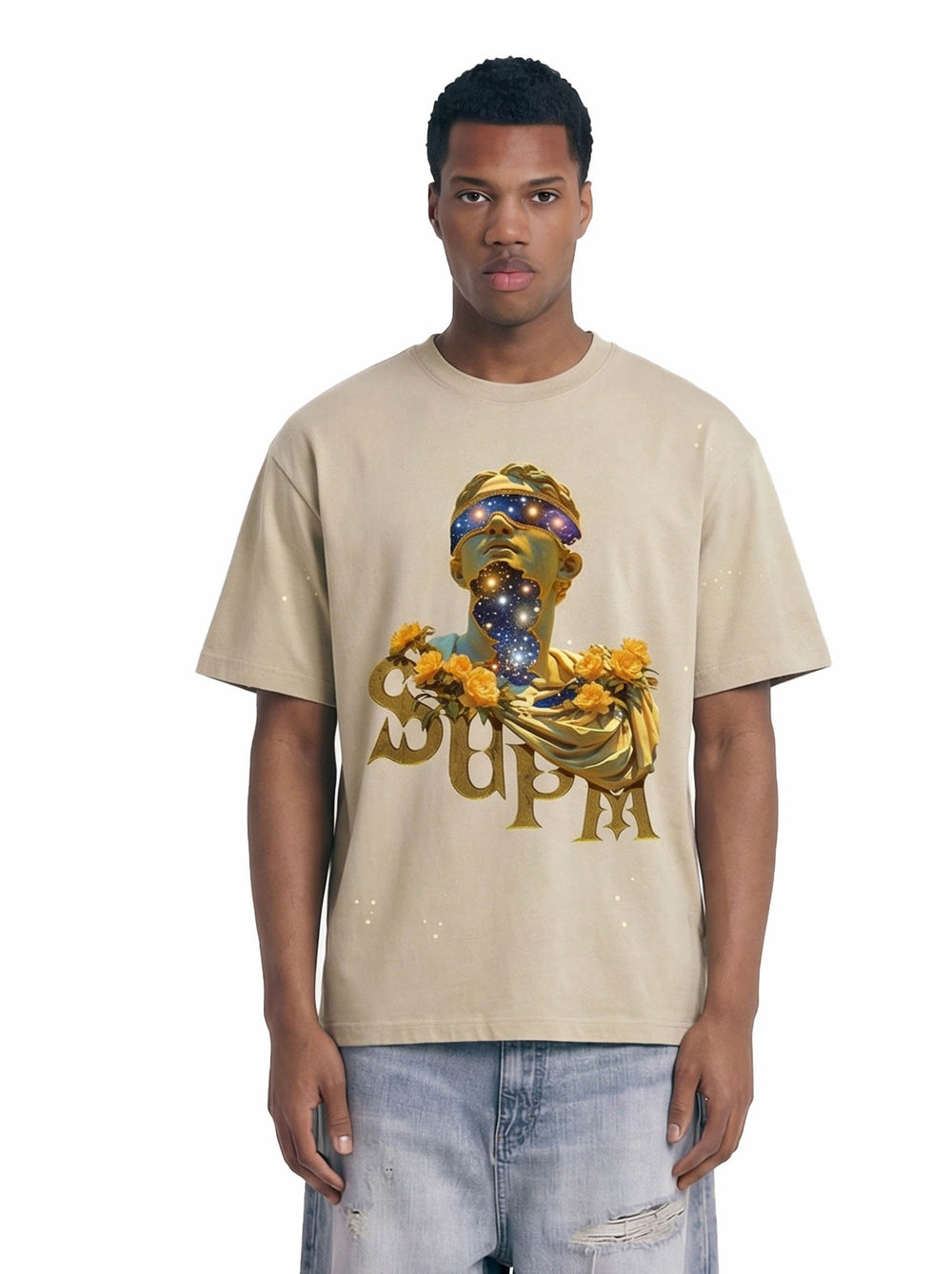 Washed Splash Ink Cosmic Statue Print Galaxy Art T-Shirt 