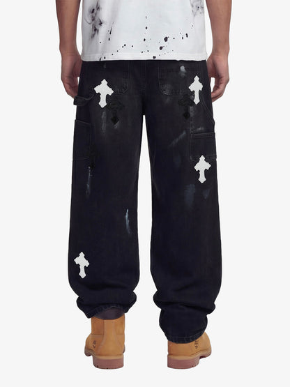 Distressed Cross Patchwork Baggy Denim Jeans 