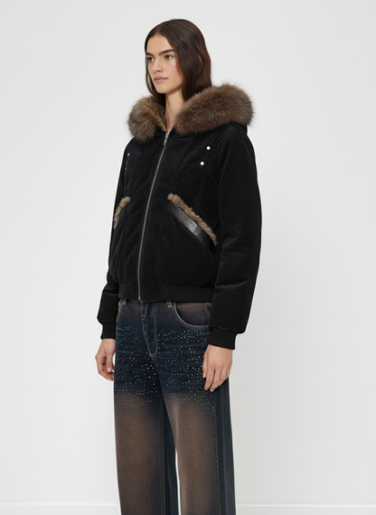 Retro Detachable Faux Fur Collar Suede Fleece Hoodie Jacket 