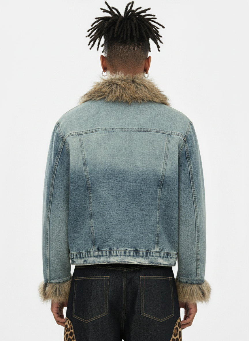 Vintage Faux Fur Trim Washed Padded Denim Jacket 