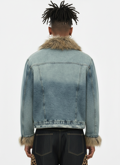 Vintage Faux Fur Trim Washed Padded Denim Jacket 