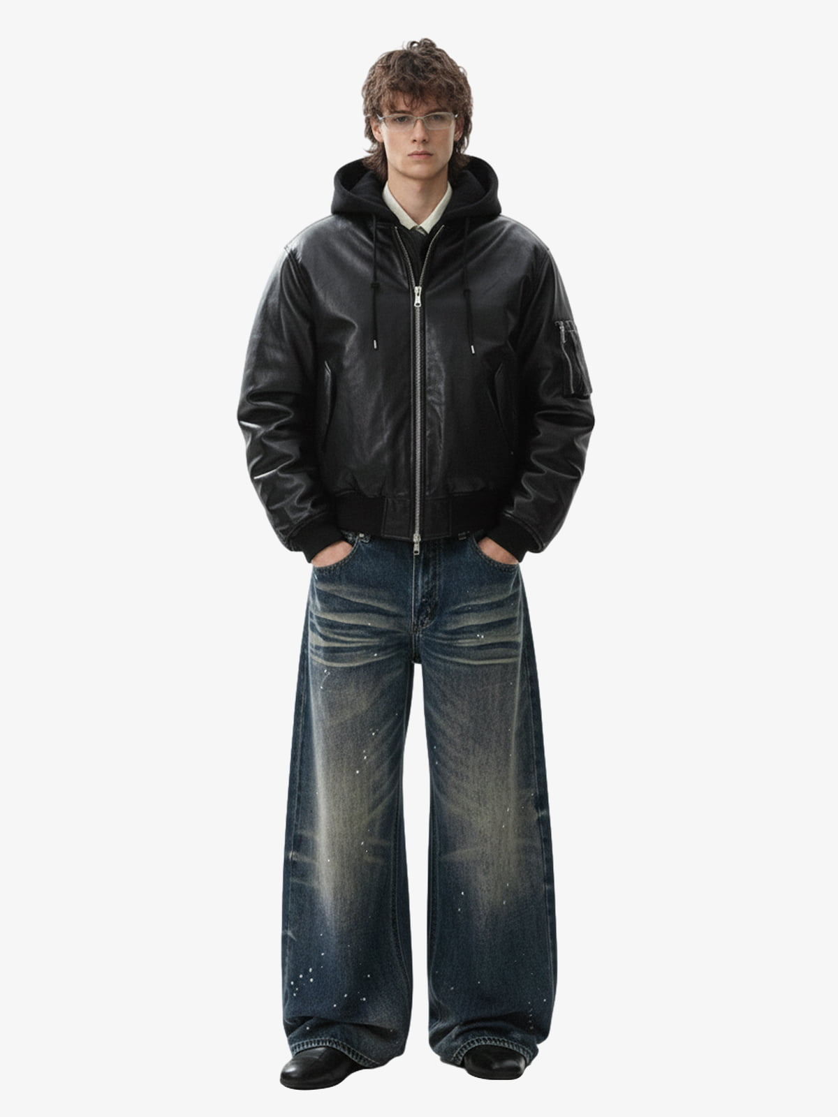 Retro Leather Faux Two-Piece Hooded Padded Bomber Jacket 