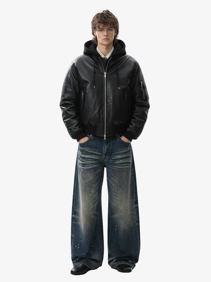 Retro Leather Faux Two-Piece Hooded Padded Bomber Jacket 