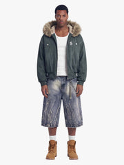 Faux Fur Lined Zip Up Winter Hooded Bomber Jacket - 2560 