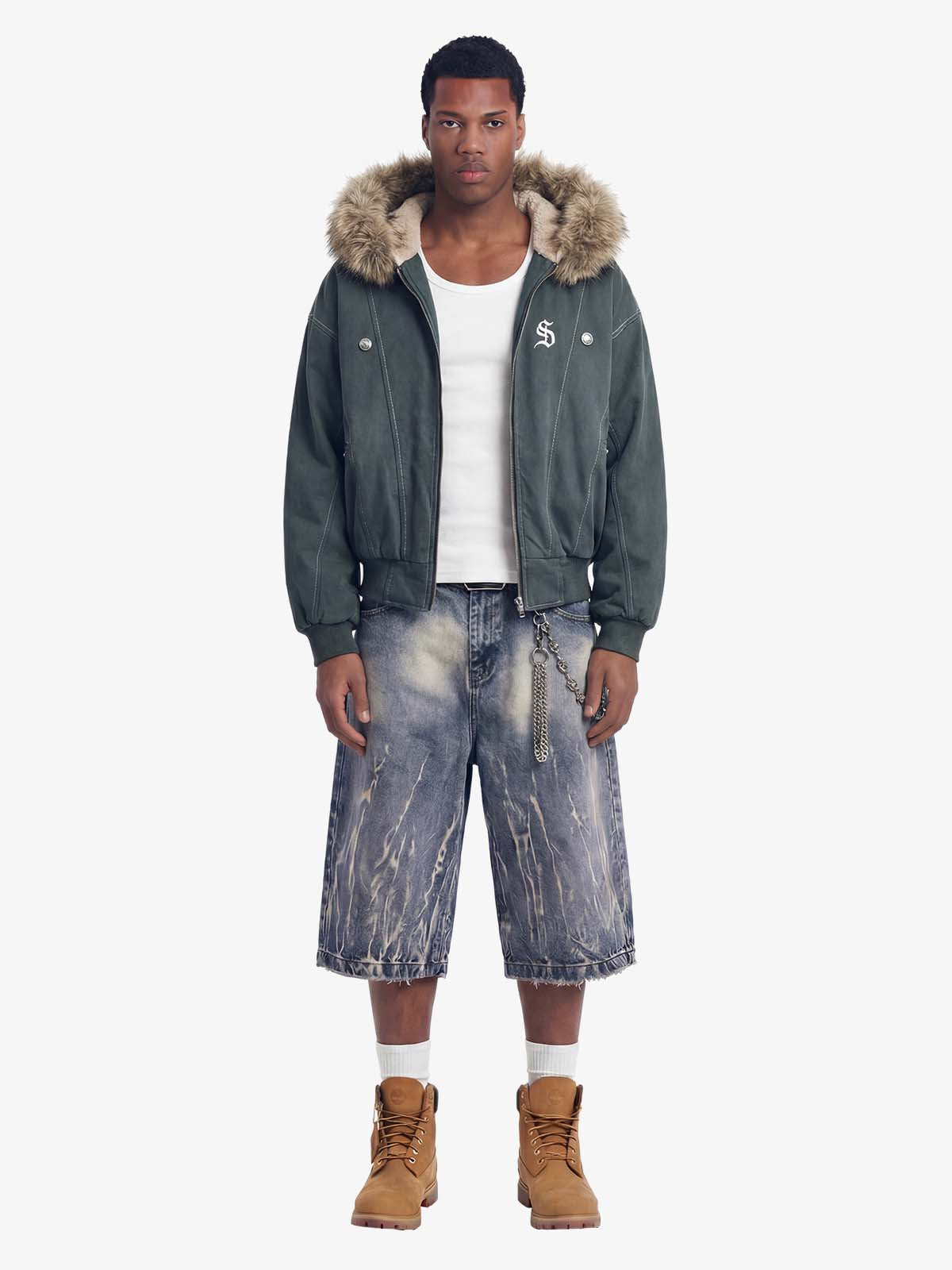 Faux Fur Lined Zip Up Winter Hooded Bomber Jacket - 2560 