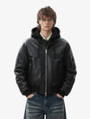 Retro Leather Faux Two-Piece Hooded Padded Bomber Jacket 