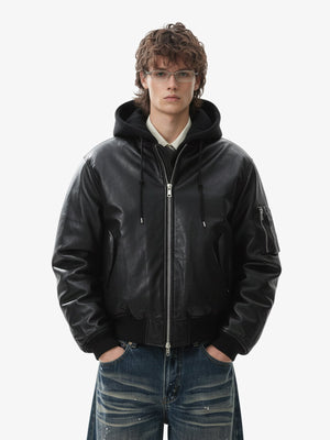 Retro Leather Faux Two-Piece Hooded Padded Bomber Jacket 
