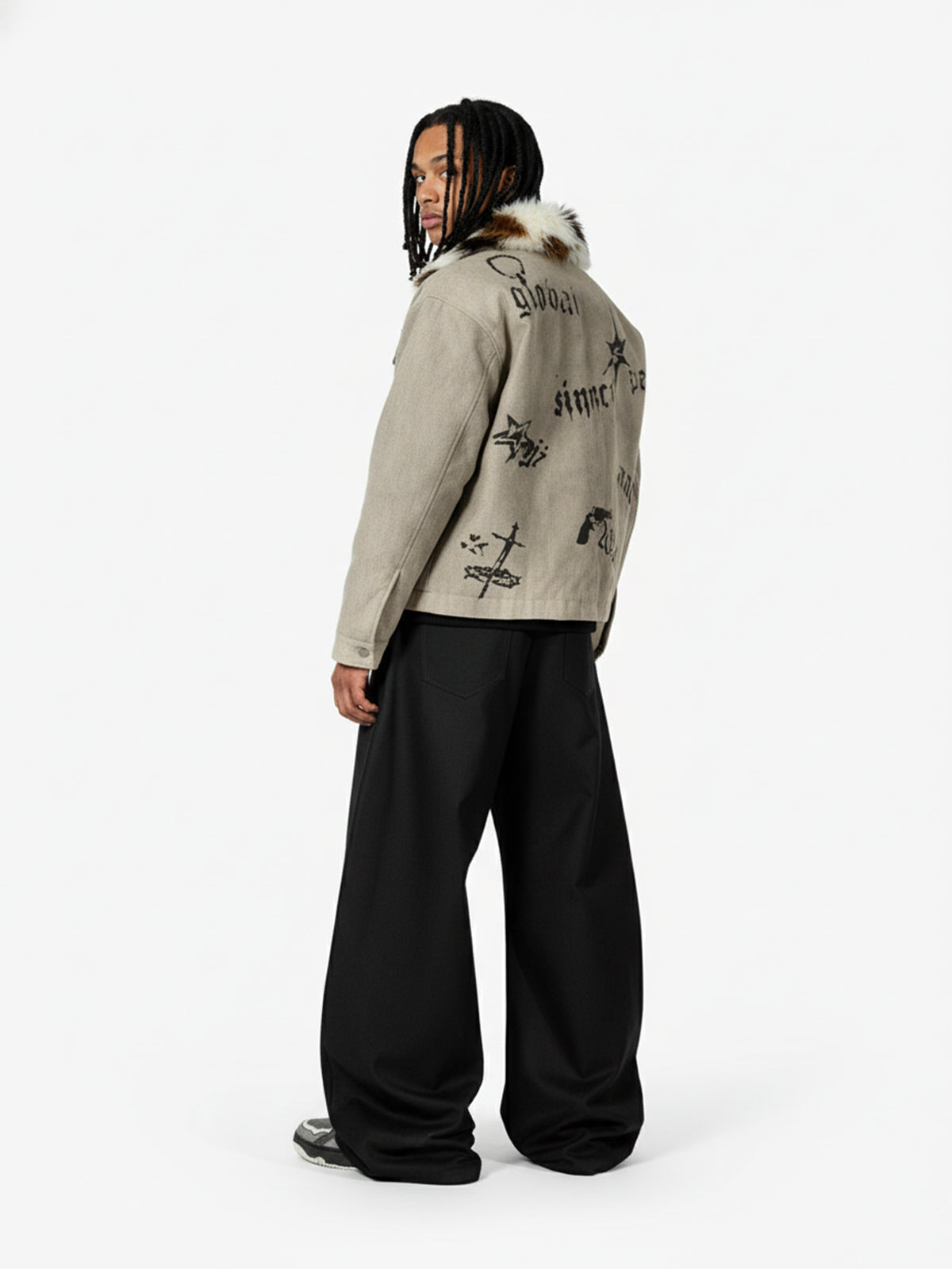 Gothic Letter Print Fur Collar Quilted Cotton Jacket - 2515 