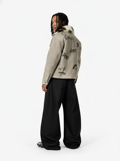 Gothic Letter Print Fur Collar Quilted Cotton Jacket - 2515 