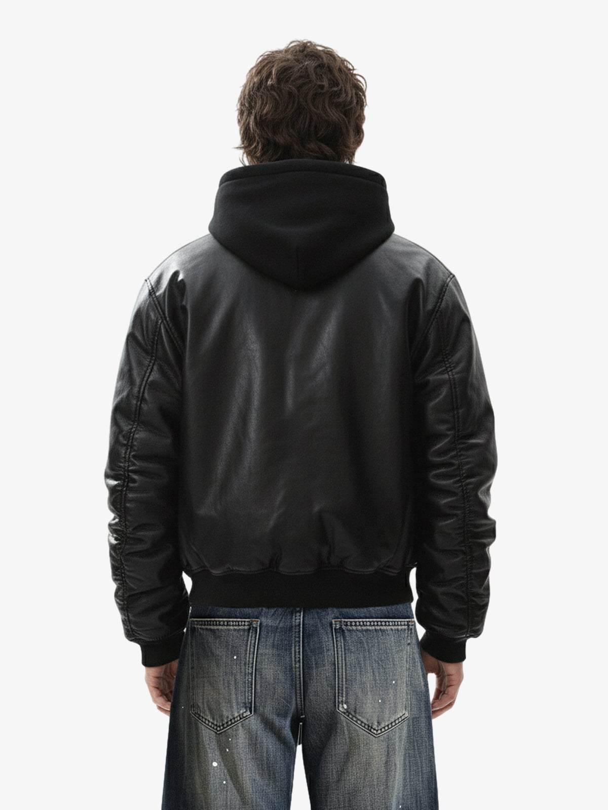 Retro Leather Faux Two-Piece Hooded Padded Bomber Jacket 