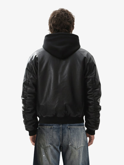 Retro Leather Faux Two-Piece Hooded Padded Bomber Jacket 