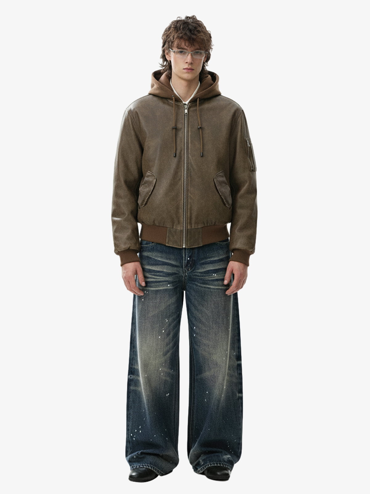 Retro Leather Faux Two-Piece Hooded Padded Bomber Jacket 