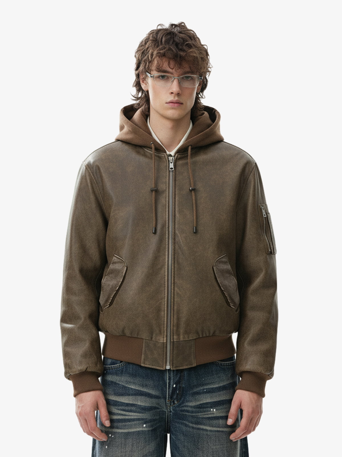 Retro Leather Faux Two-Piece Hooded Padded Bomber Jacket 