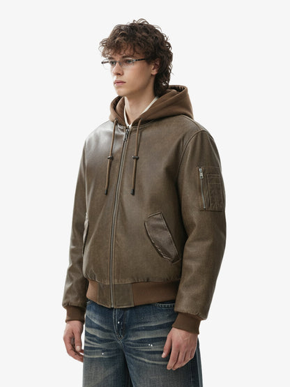 Retro Leather Faux Two-Piece Hooded Padded Bomber Jacket 