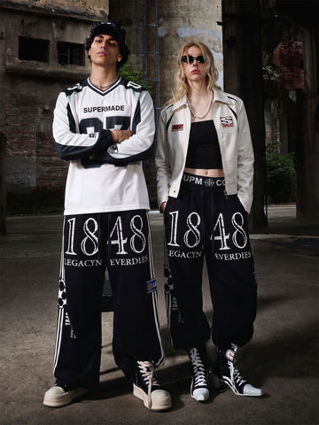 Graphic Color Block Double-Waist Sweatpants