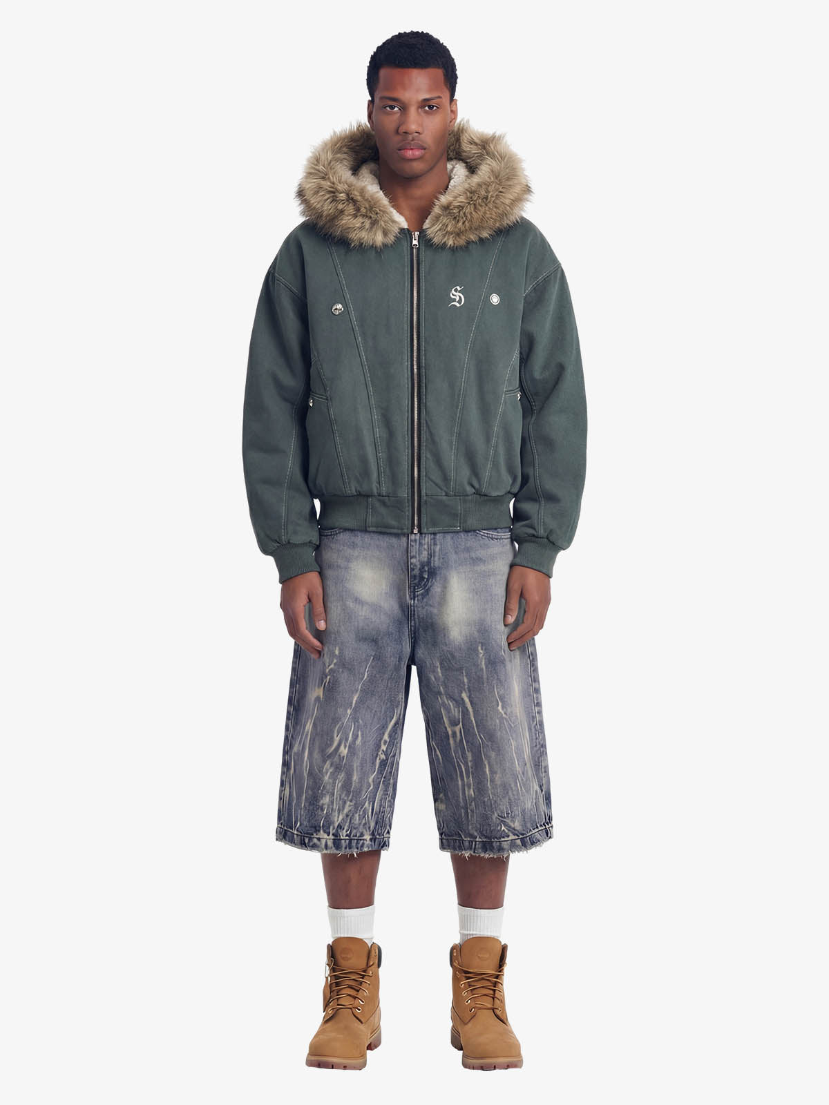 Faux Fur Lined Zip Up Winter Hooded Bomber Jacket - 2560 