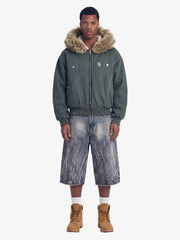 Faux Fur Lined Zip Up Winter Hooded Bomber Jacket - 2560 