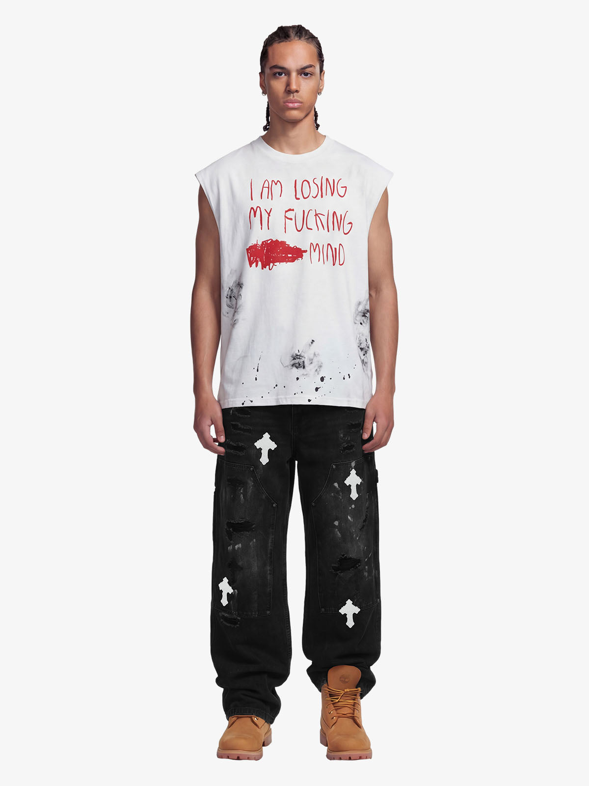 Grunge Slogan Print Distressed Raw Hem Sleeveless T-Shirt - 2612 